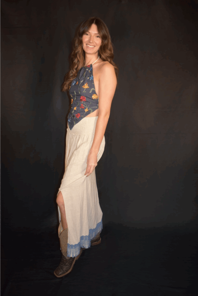 Linen Skirt with Blue Embroidery with Slit